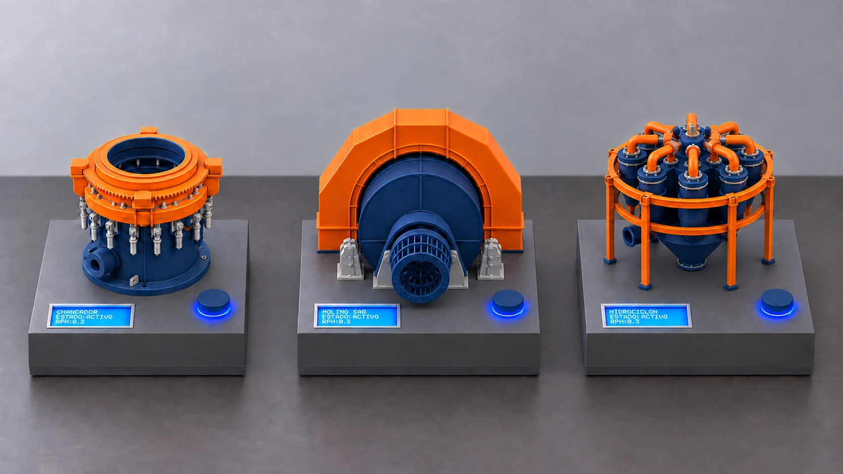 Tres maquetas Minebox: chancador, molino SAG e hidrociclón, en azul marino y naranja, cada una sobre una base gris con pantalla y control iluminado.